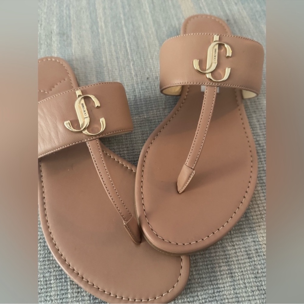 Jimmy Choo Tan Leather Sandals with Gold Accent